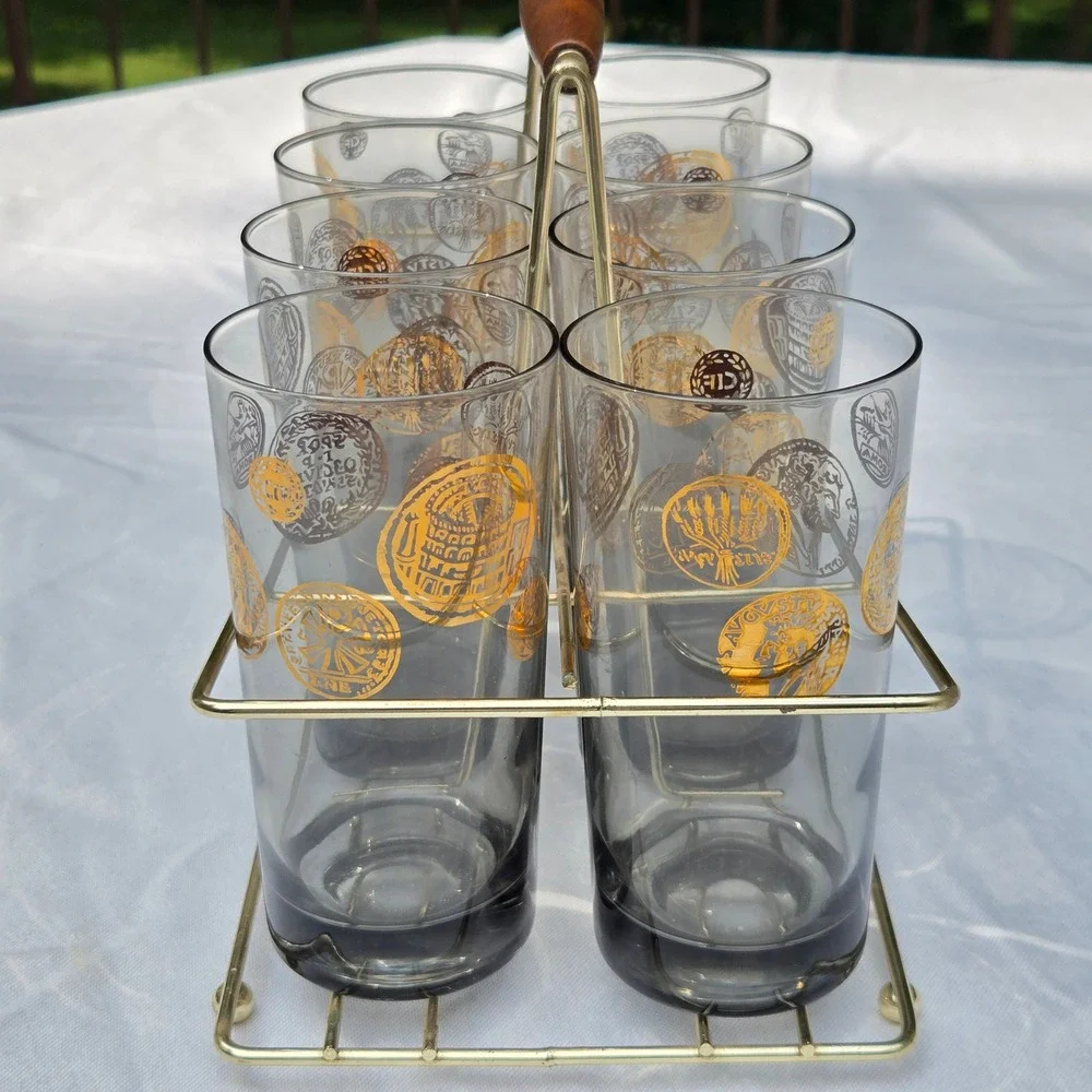 Vtg Highball Glasses Set 8 clear + Smoky Grey Gold Roman Coin MCM Barware Caddy
